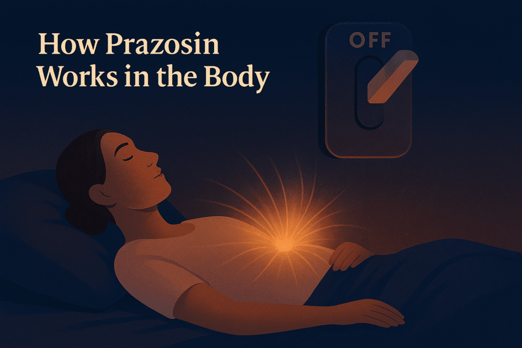 A woman lying in bed, sleeping deeply with a serene expression, closed eyes, and a subtle smile. From her abdomen, an intense golden glow bursts like a rising sun, symbolizing activated inner energy. Beside her, a giant wall switch labeled 'OFF', representing the 'shutdown' of issues like insomnia or fatigue. Elegant golden title: 'How Prazosin Works in the Body'. Perfect for posts on health, restorative sleep, and natural supplements